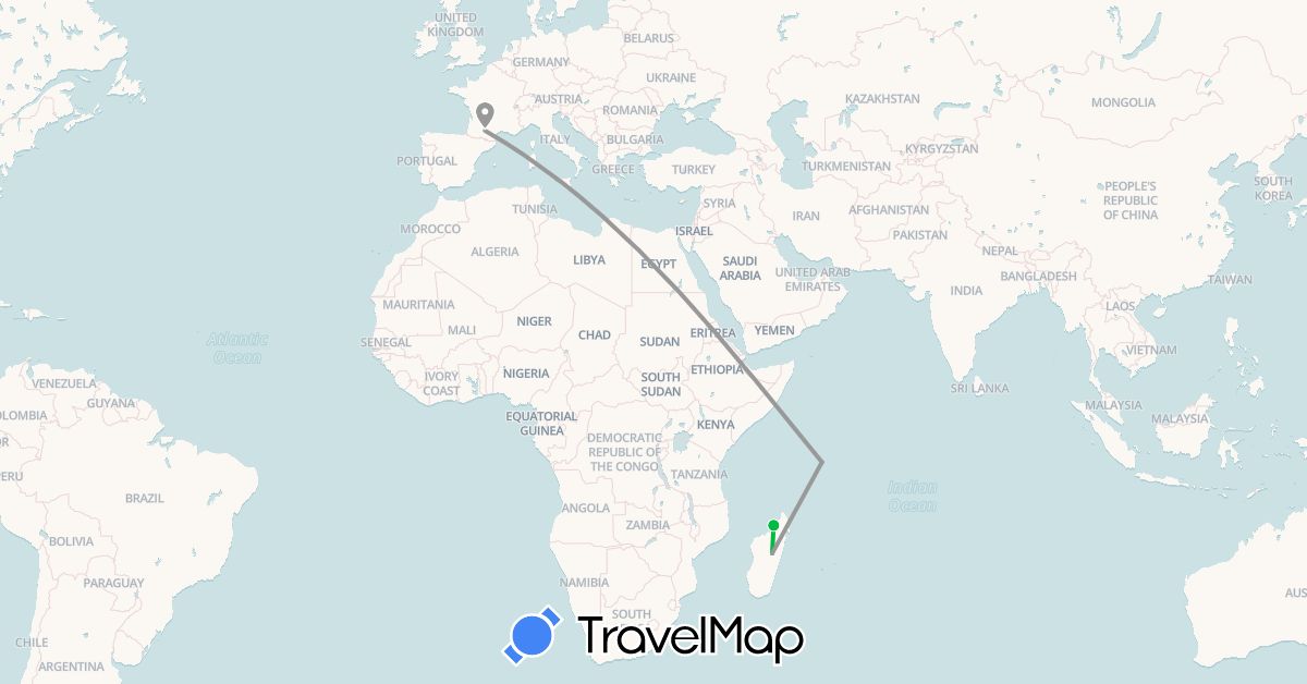 TravelMap itinerary: bus, plane in France, Madagascar, Seychelles (Africa, Europe)